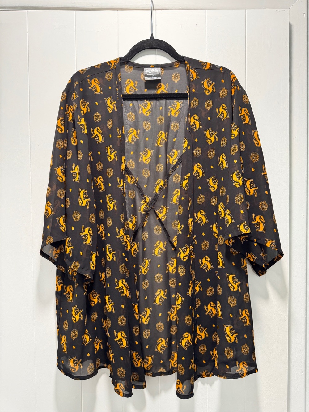 Harry Potter Hufflepuff Black Sheer Kimono with Yellow Badger Motif